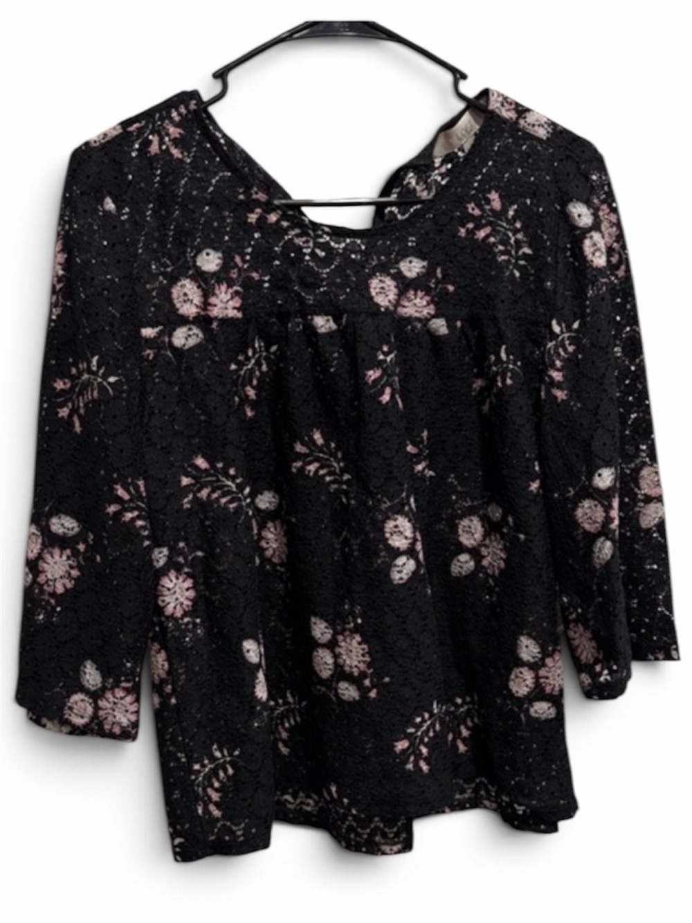 LOFT Black Lace Blouse with Pink Floral Design